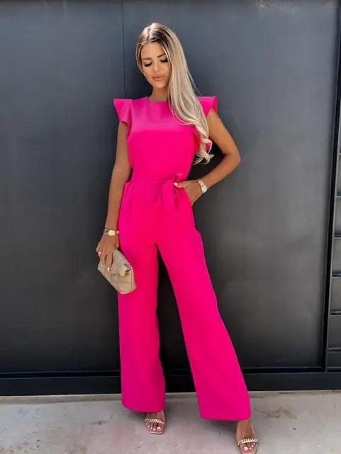 PEACH - ELEGANT RUFFLE SLEEVE JUMPSUIT WITH BELT
