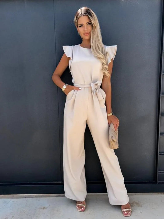 PEACH - ELEGANT RUFFLE SLEEVE JUMPSUIT WITH BELT