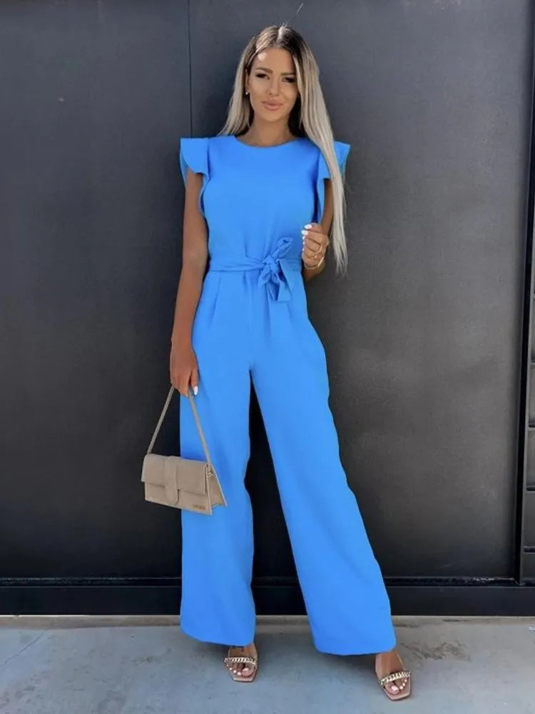 PEACH - ELEGANT RUFFLE SLEEVE JUMPSUIT WITH BELT