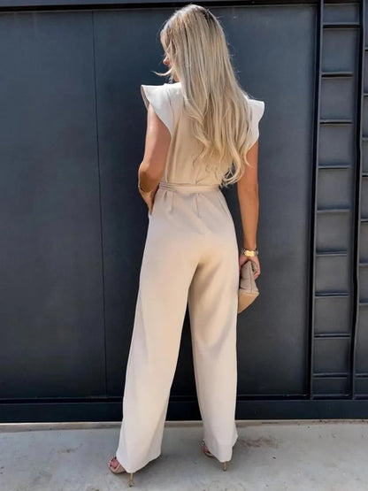 PEACH - ELEGANT RUFFLE SLEEVE JUMPSUIT WITH BELT
