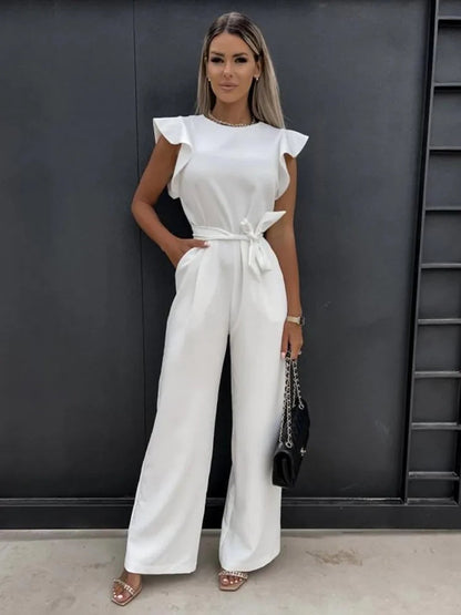 PEACH - ELEGANT RUFFLE SLEEVE JUMPSUIT WITH BELT