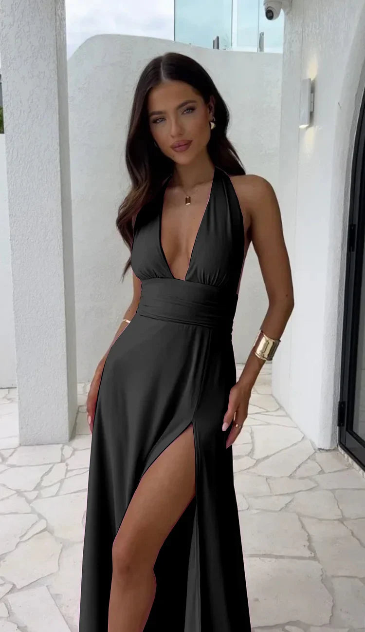 MADISON | SEXY DEEP V NECK SPLIT SOLID COLOR DRESS