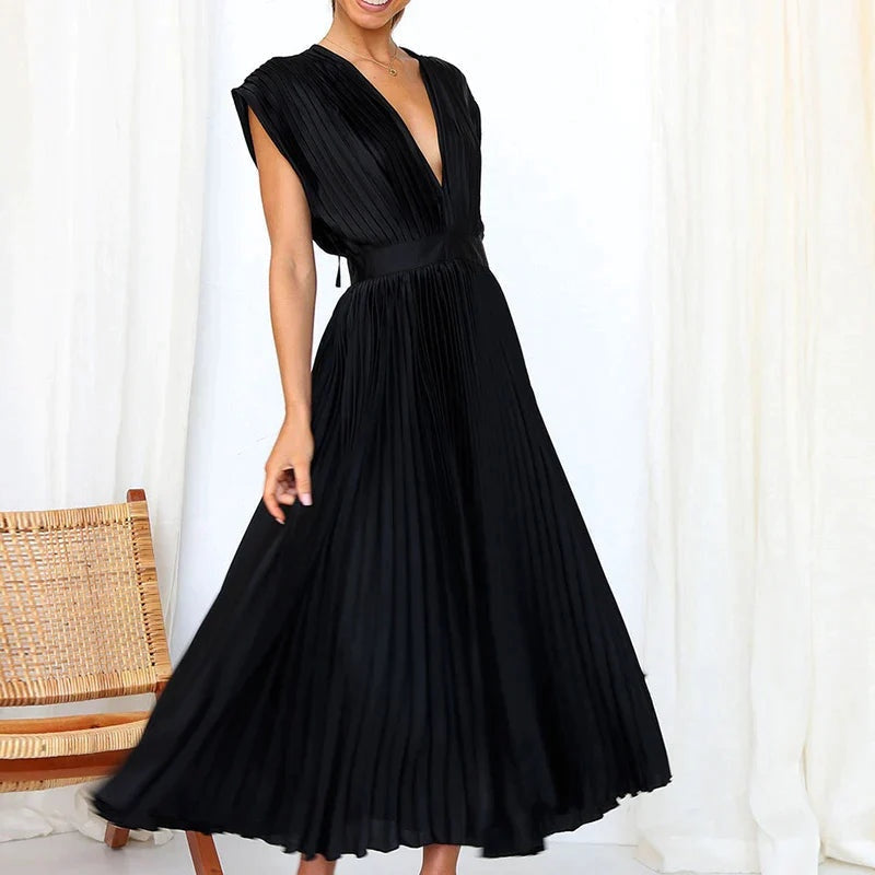 EVE - MAXI DRESS WITH V-NECK AND PLEATS