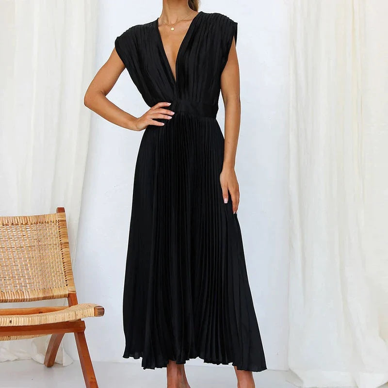 EVE - MAXI DRESS WITH V-NECK AND PLEATS